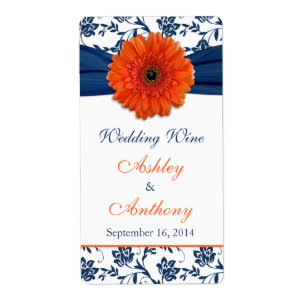 Orange Navy Daisy Wedding Wine Bottle Labels