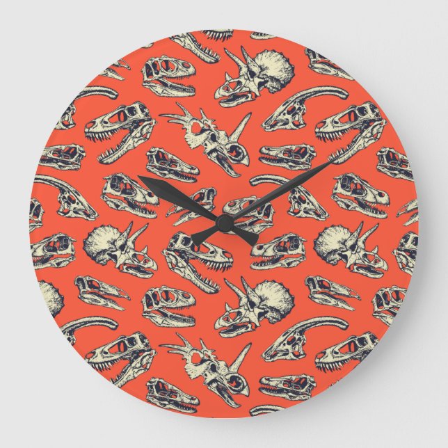 Orange & Navy Dinosaur Skulls Large Clock (Front)