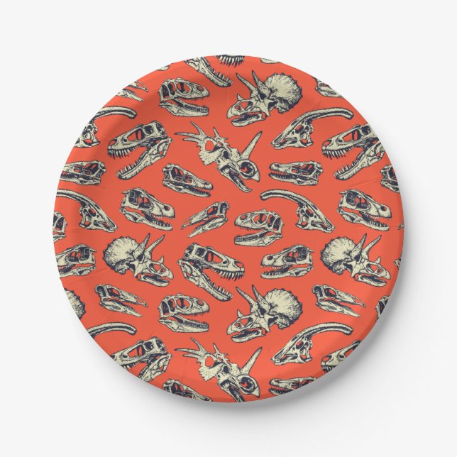 Orange & Navy Dinosaur Skulls Paper Plate (Front)