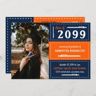 Orange & Navy Dotted Boxes and Pencils Graduation Invitation