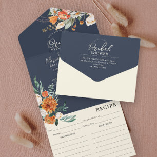 Orange & Navy Floral Bridal Shower & Recipe  All In One Invitation