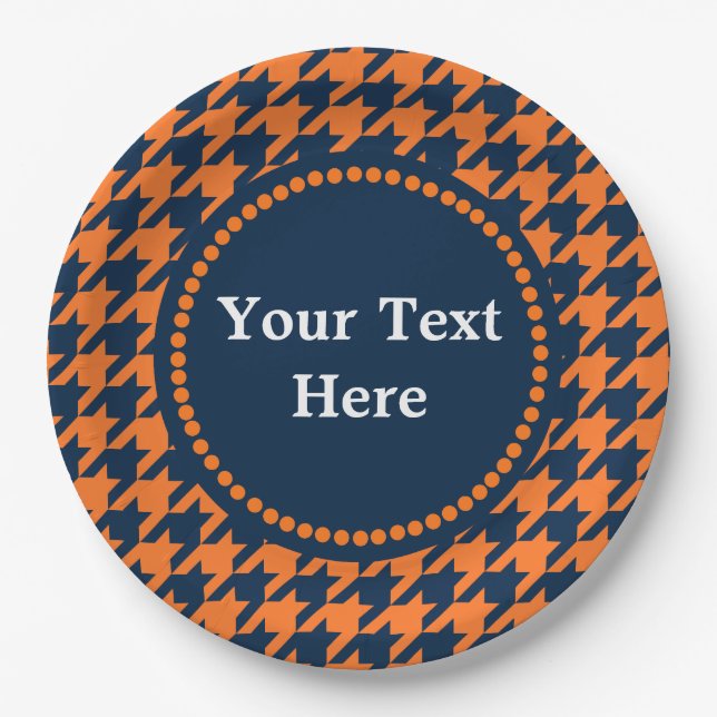Orange/Navy Houndstooth Paper Plate (Front)