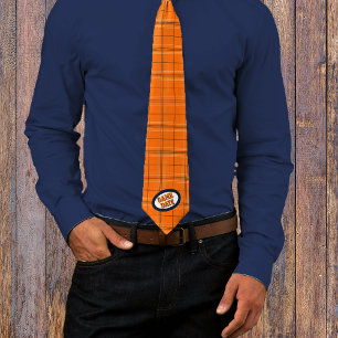 Orange & Navy Plaid Pattern Game Day Neck Tie