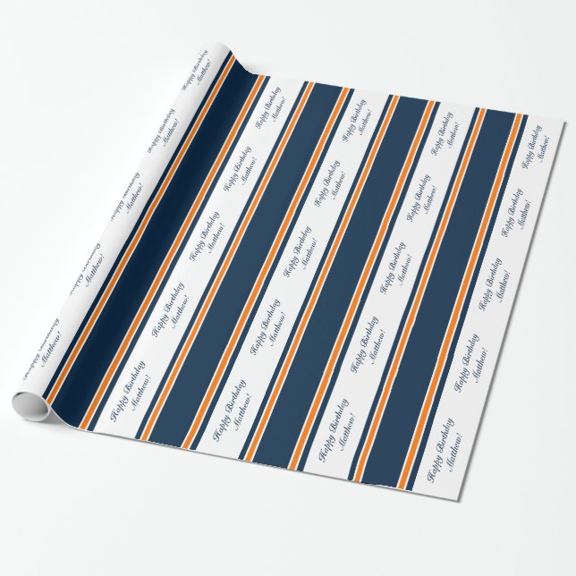 Orange/Navy Stripe Personalised Wrapping Paper (Unrolled)