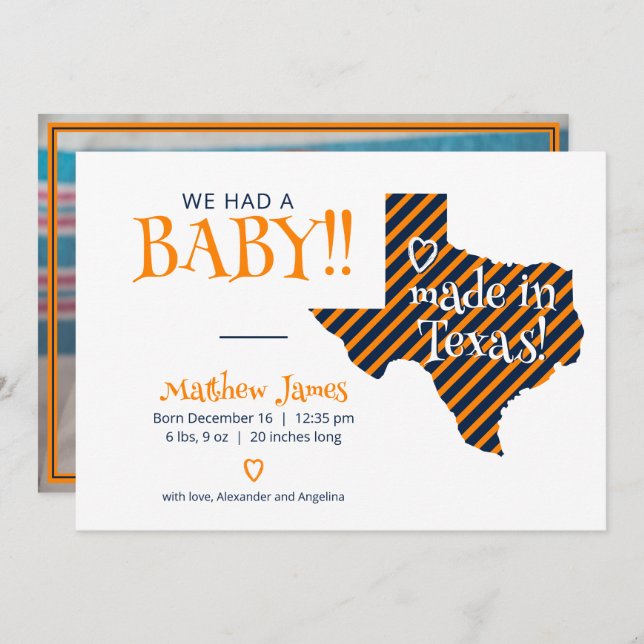 Orange/Navy Striped Made in Texas Photo Baby Announcement (Front/Back)
