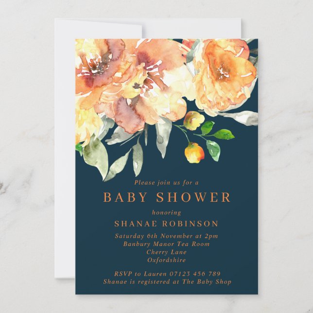 Orange & Navy Watercolor Flowers Baby Shower Invitation (Front)