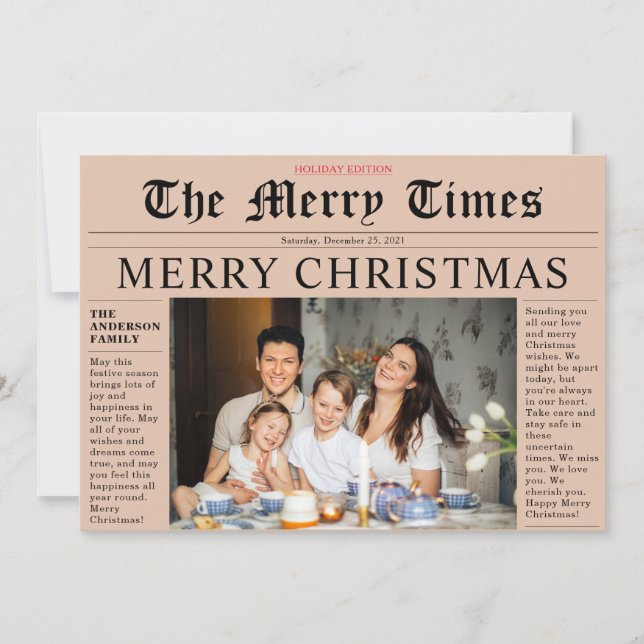 Orange Newspaper Merry Christmas Fun Photo Card (Front)