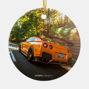 Orange Nissan GT-R Ripping through Seattle streets Ceramic Ornament