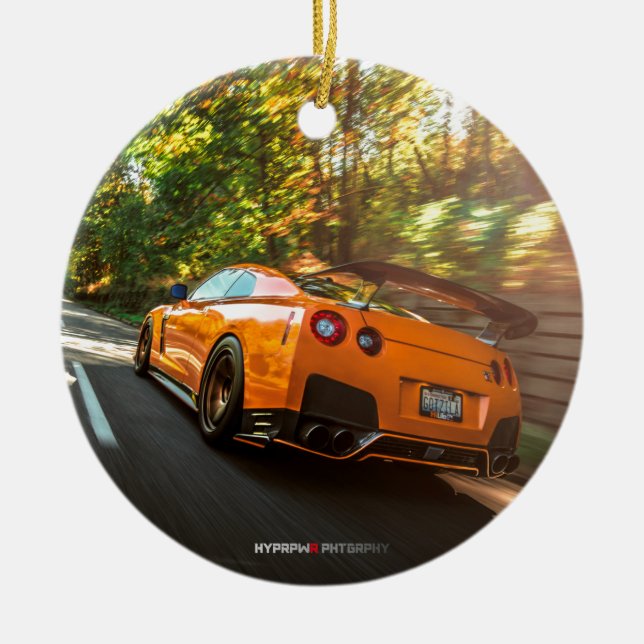 Orange Nissan GT-R Ripping through Seattle streets Ceramic Ornament (Front)