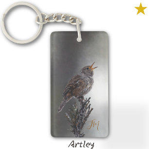 Orange Northern House Wren Bird Painting Initials Key Ring