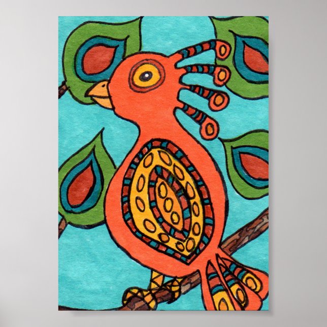 Orange Oaxacan Bird Mini Folk Art Poster (Front)