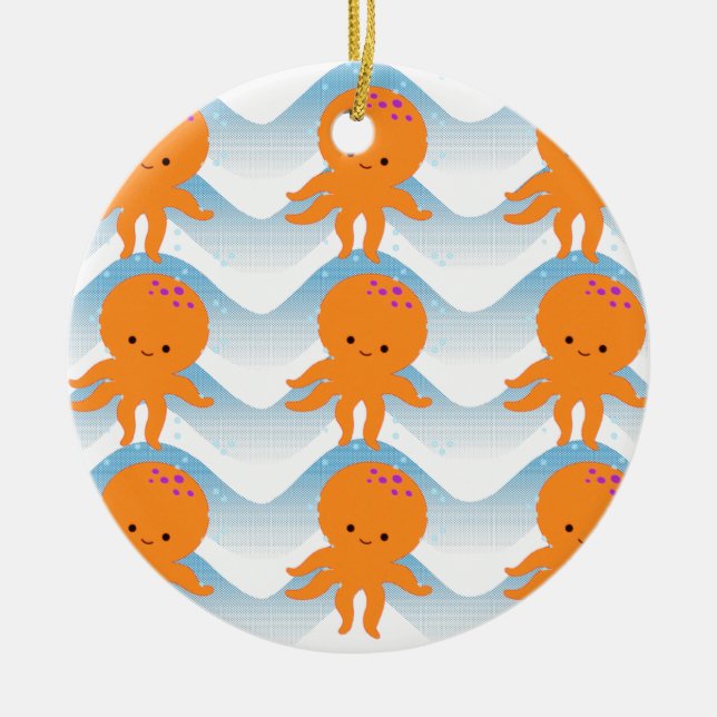 Orange Octopus And Blue Waves Pattern Ceramic Tree Decoration (Front)