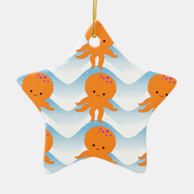 Orange Octopus And Blue Waves Pattern Ceramic Tree Decoration (Front)