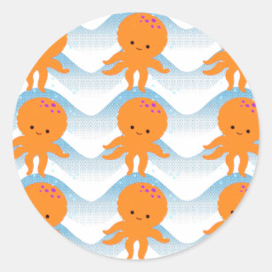Orange Octopus And Blue Waves Pattern Classic Round Sticker