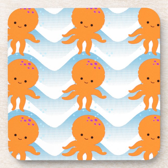 Orange Octopus And Blue Waves Pattern Coaster (Front)