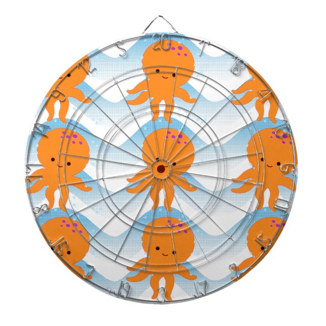 Orange Octopus And Blue Waves Pattern Dartboard (Front)