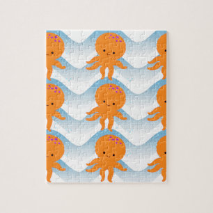 Orange Octopus And Blue Waves Pattern Jigsaw Puzzle