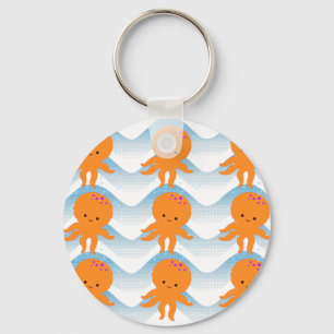 Orange Octopus And Blue Waves Pattern Key Ring
