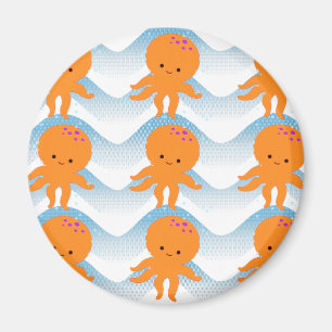 Orange Octopus And Blue Waves Pattern Magnet