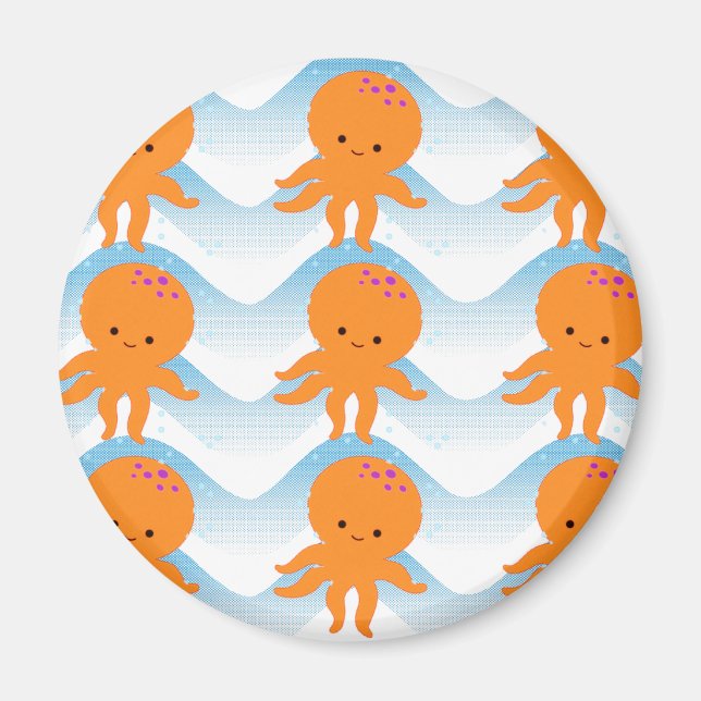 Orange Octopus And Blue Waves Pattern Magnet (Front)