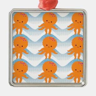 Orange Octopus And Blue Waves Pattern Metal Ornament