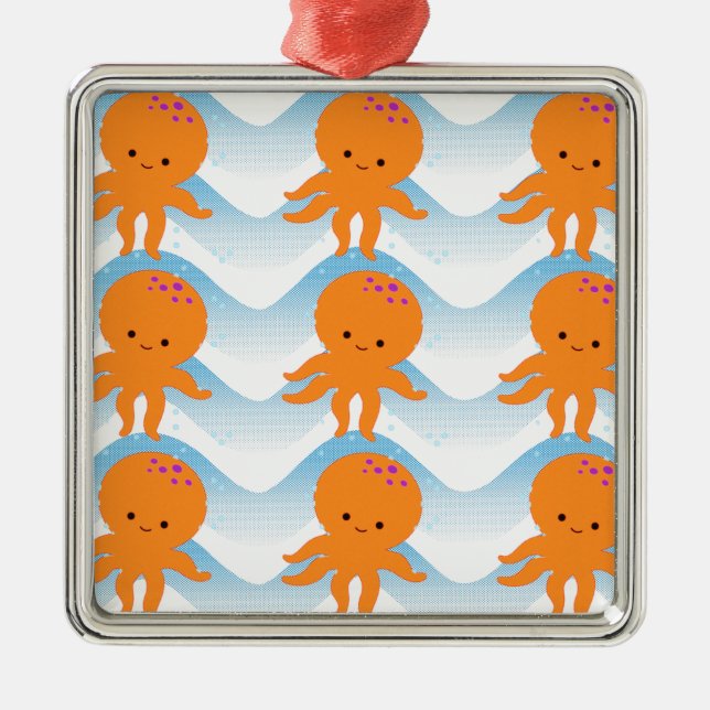 Orange Octopus And Blue Waves Pattern Metal Ornament (Front)