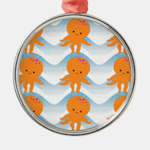 Orange Octopus And Blue Waves Pattern Metal Ornament