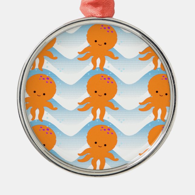 Orange Octopus And Blue Waves Pattern Metal Ornament (Front)