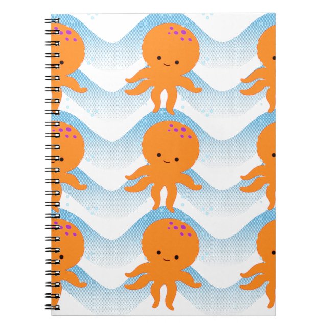 Orange Octopus And Blue Waves Pattern Notebook (Front)