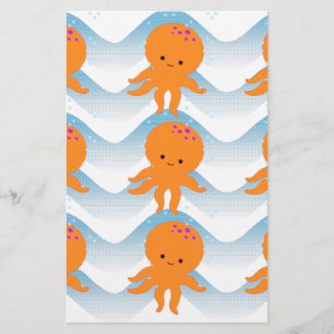 Orange Octopus And Blue Waves Pattern Stationery