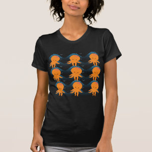 Orange Octopus And Blue Waves Pattern T-Shirt