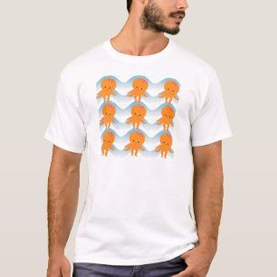 Orange Octopus And Blue Waves Pattern T-Shirt