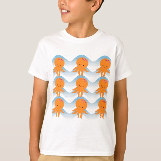 Orange Octopus And Blue Waves Pattern T-Shirt (Front)