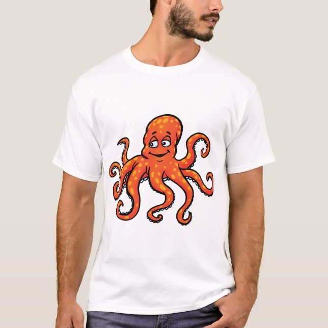 Orange Octopus Cartoon Ocean Sea Creature T-Shirt (Front)