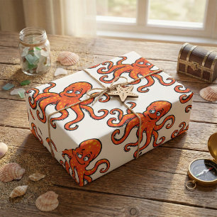 Orange Octopus Cartoon Ocean Sea Creature Wrapping Paper