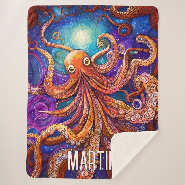 Orange Octopus | Full Moon with Personalised Name Sherpa Blanket (Front)