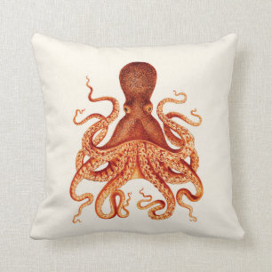 Orange Octopus Illustration on Cream Cushion
