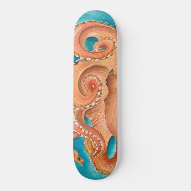 Orange Octopus Teal Watercolor Skateboard (Front)