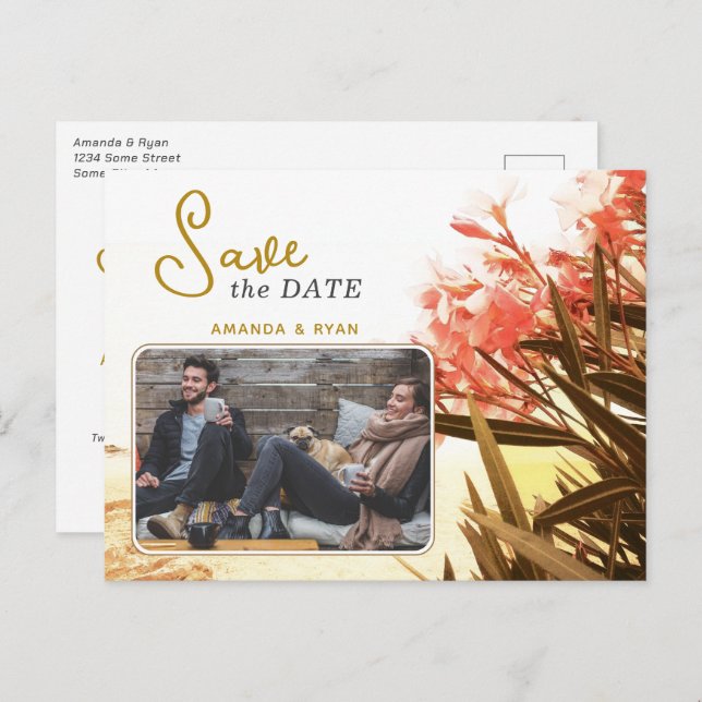 Orange Oleander Flower Photo Wedding Save the Date Announcement Postcard (Front/Back)