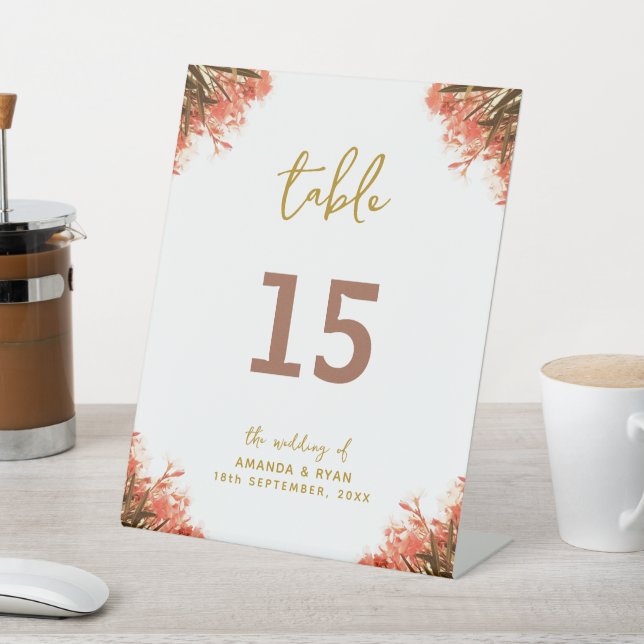 Orange Oleander Flower Wedding Table Number Pedestal Sign (In SItu)