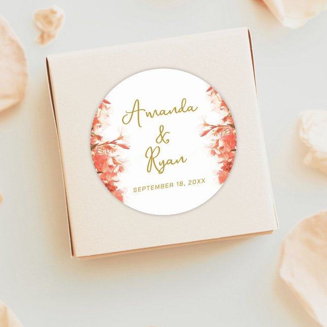 Orange Oleander Flowers Floral Script Wedding Classic Round Sticker (Creator Uploaded)