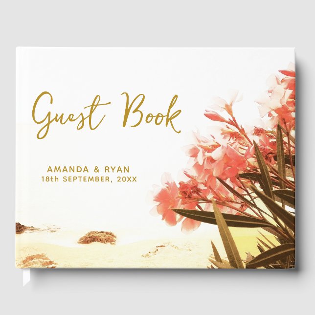 Orange Oleander Flowers on the Beach Wedding Guest Book (Front)