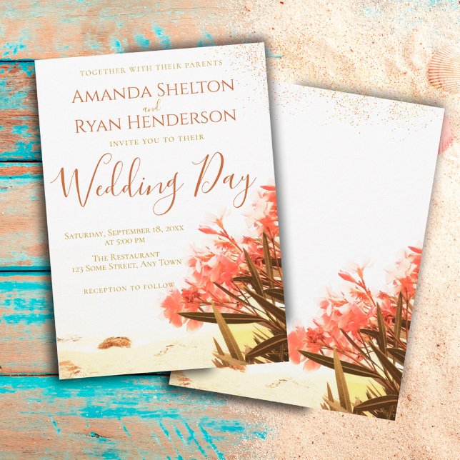 Orange Oleander Flowers on the Beach Wedding  Invitation (Creator Uploaded)