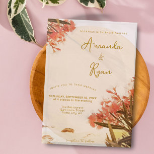 Orange Oleander Flowers on the Beach Wedding Vellum Invitations