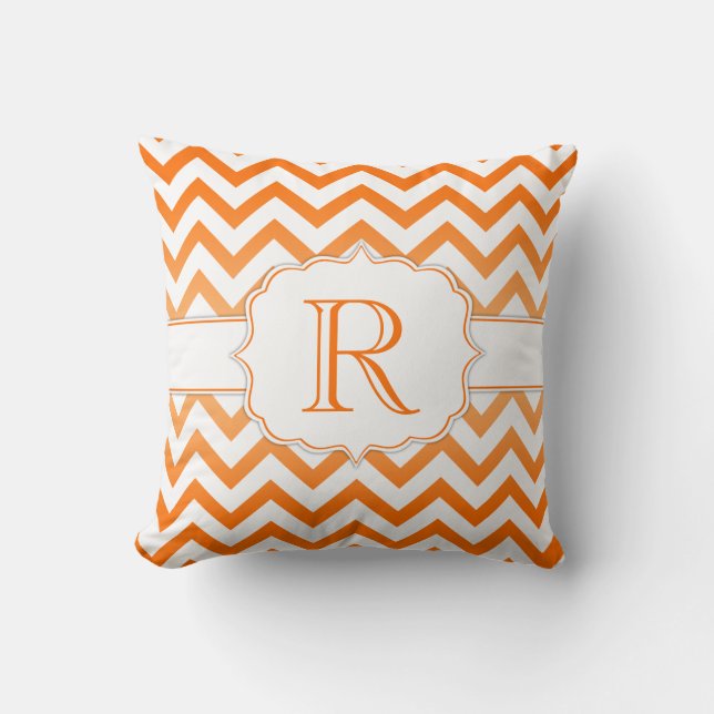 Orange Ombre and White Chevron Pattern Monogram Cushion (Front)