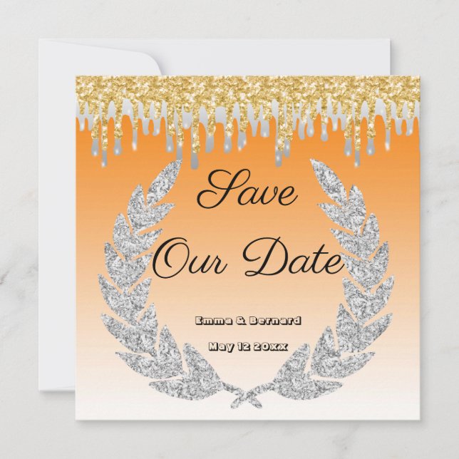Orange Ombre, Diamond Laurel, Gold Dripping Invitation (Front)