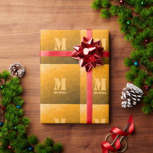 Orange ombre geometric mesh pattern Monogram Wrapping Paper
