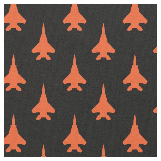 Orange on Black Strike Eagle Fighter Jet Pattern Fabric (Close Up)