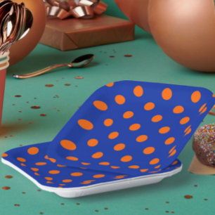 Orange On Blue Polka Dots Pattern Design Paper Plate