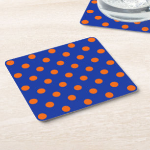 Orange On Blue Polka Dots Pattern Design Square Paper Coaster